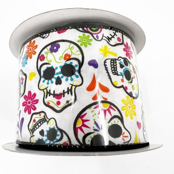 NEW Wired Ribbon Halloween Sugar Skull Day of the Dead White Multicolor 2.5" - Picture 1 of 4